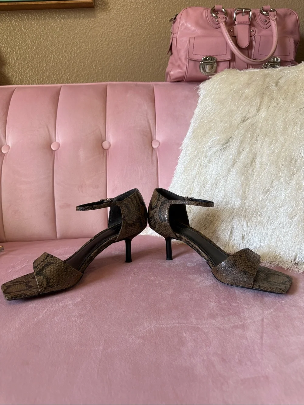 NORDSTROM Women's Brown & Black Snake-Print Leather Ankle Strap Heels. Size 7.5